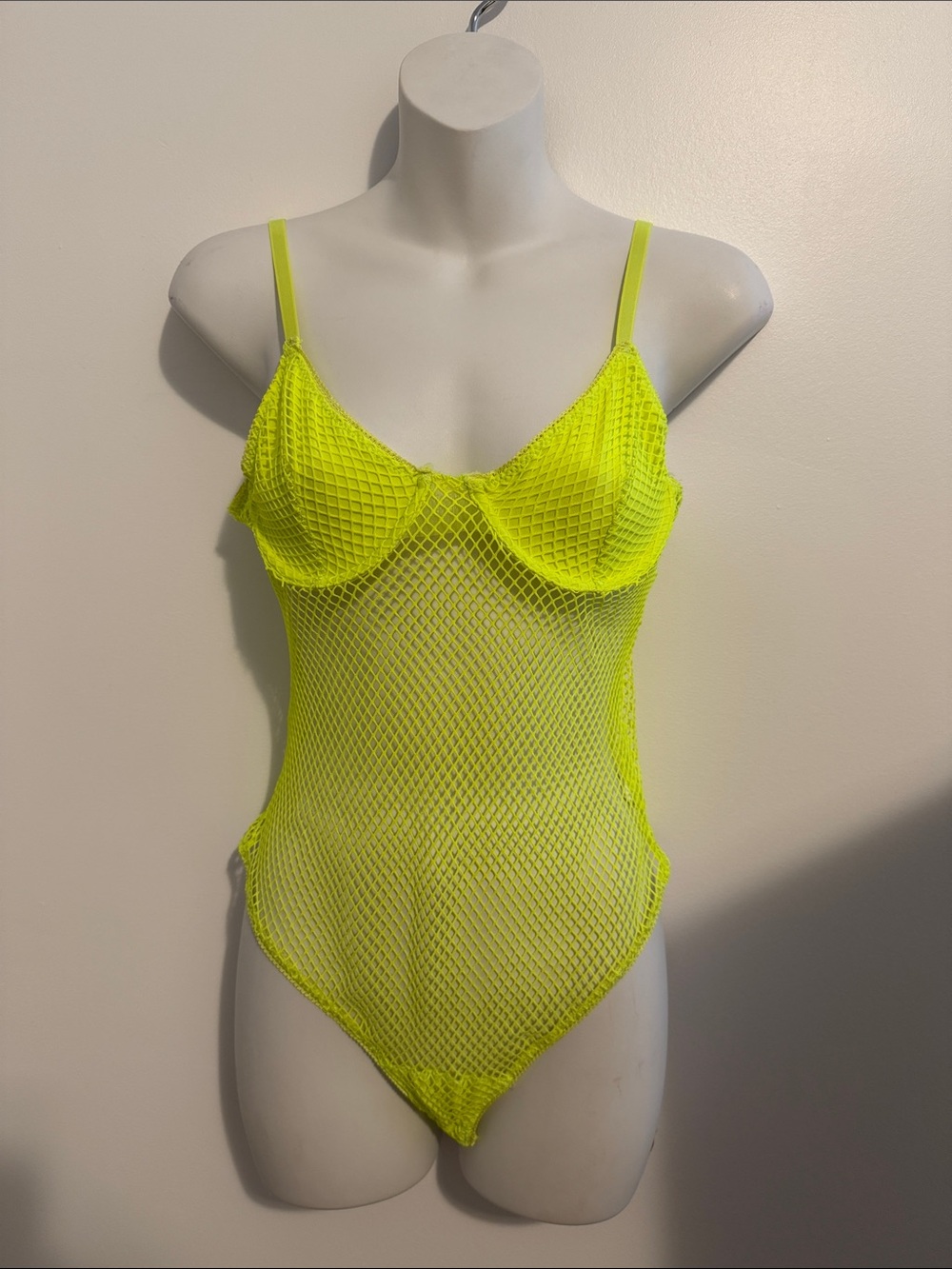 Neon Yellow Mesh One-Piece Bodysuit with Adjustable Straps